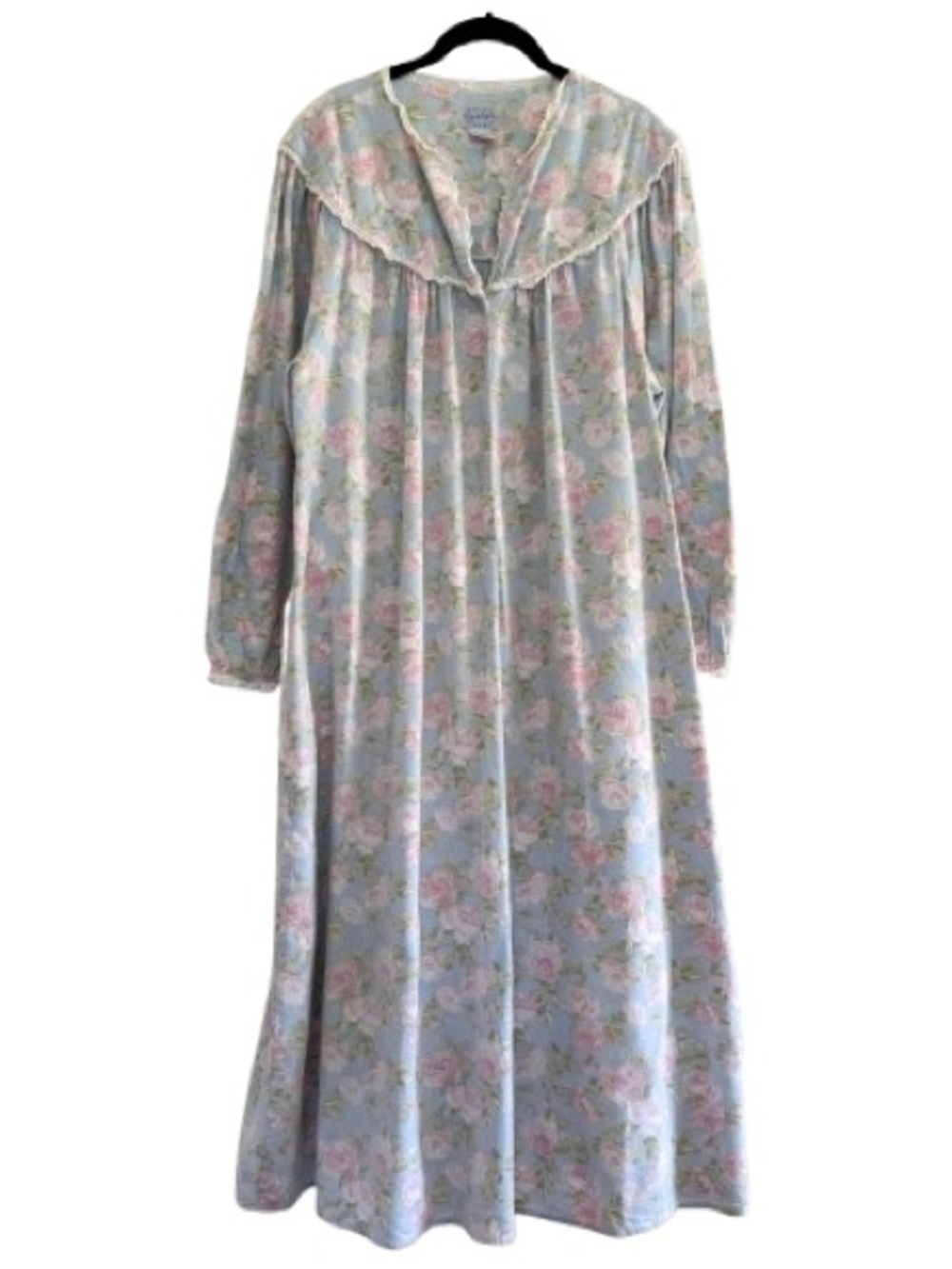 Lanz of Salzburg Rose Cotton Flannel Nightgown Blue Pink Rose Floral Eyelet Lace